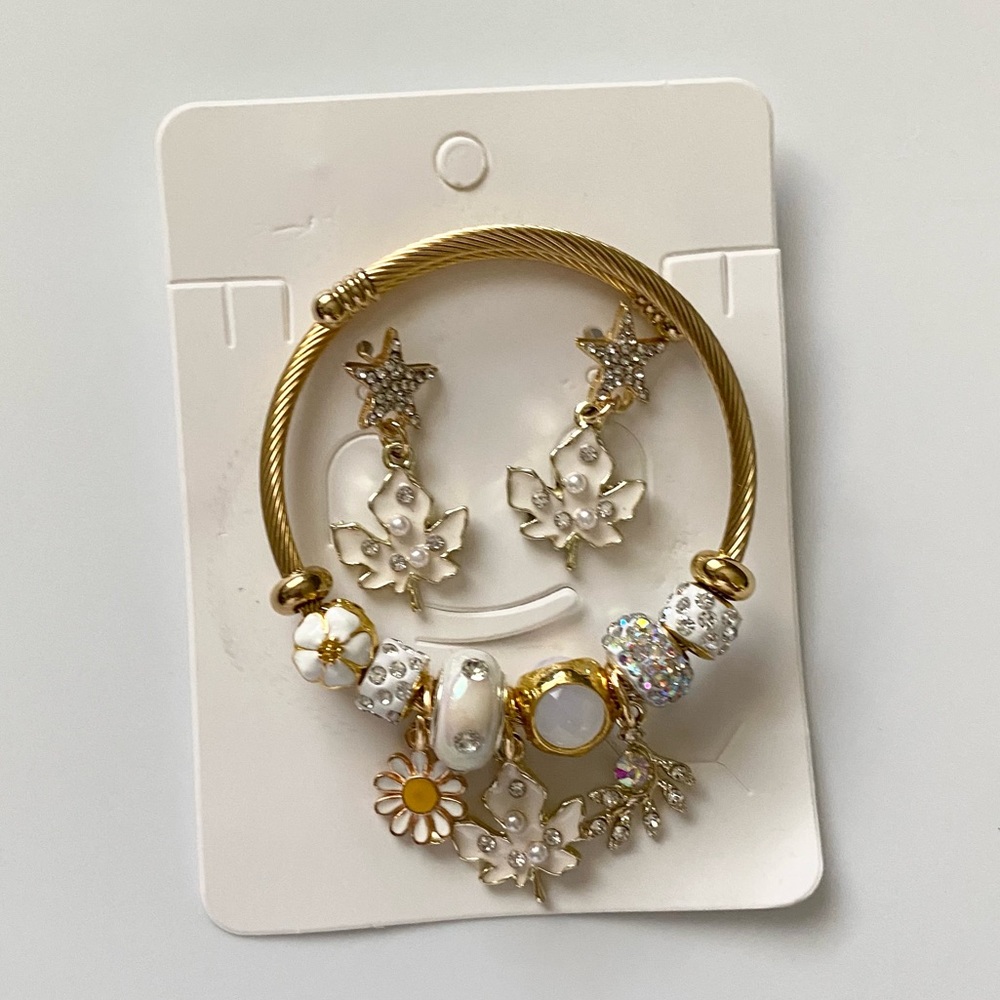 Gold Plated Hanging Charms Bracelet With Stud Earrings Set